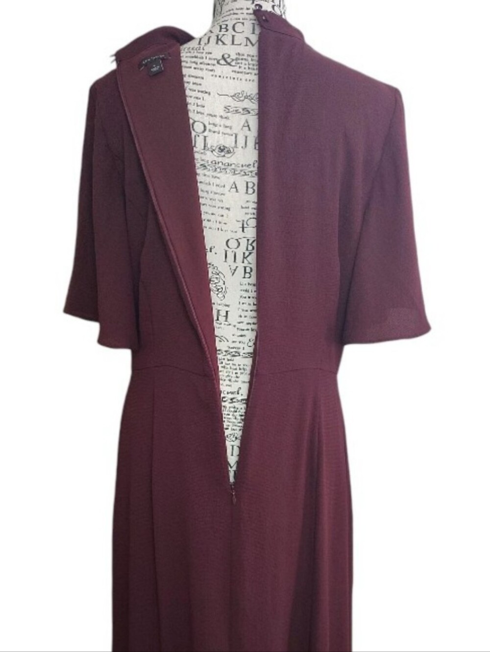 Ann Taylor Burgundy Choker Neck Flutter Sleeve Midi Dress SZ 8 - Picture 9 of 10